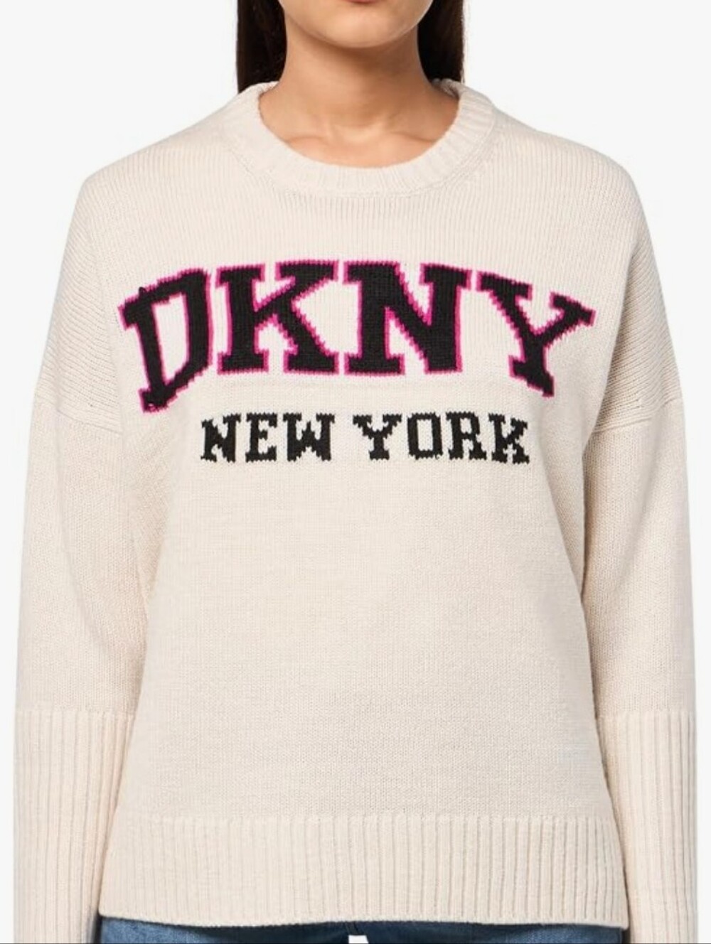 DKNY Cream Crewneck Sweater with Pink-Outlined Logo